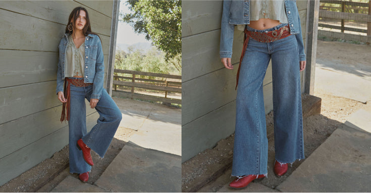 Right, woman in a denim jacket, cropped top, red boots, fringed belt, and wide-leg jeans leans against a wooden wall. Left, close-up of wide-leg jeans, red boots, and fringed belt.