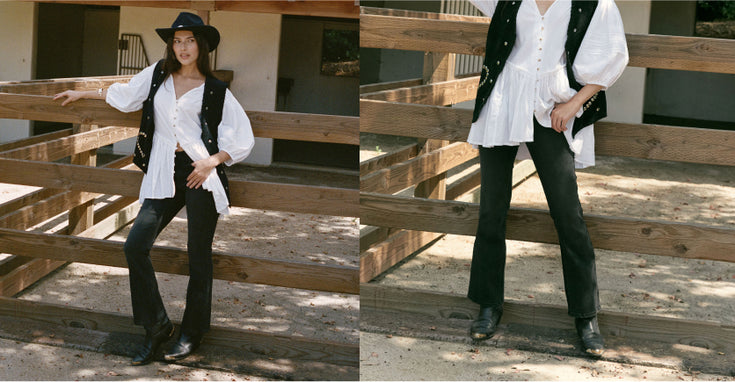 Right, woman in a white blouse, black vest, boots, cowboy hat, and flare jeans leans against a wooden fence. Left, close-up of woman's black flare jeans and boots against the fence.