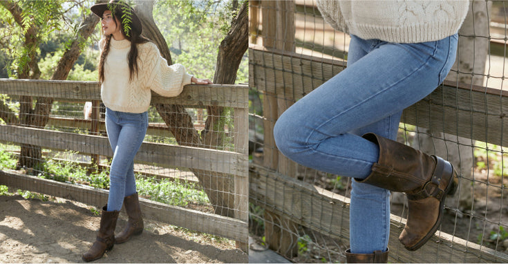 Right, woman in a cream cable knit sweater, skinny jeans, and cowboy boots leaning against a wooden fence. Left, close-up of woman's skinny jeans and brown cowboy boots resting on a fence