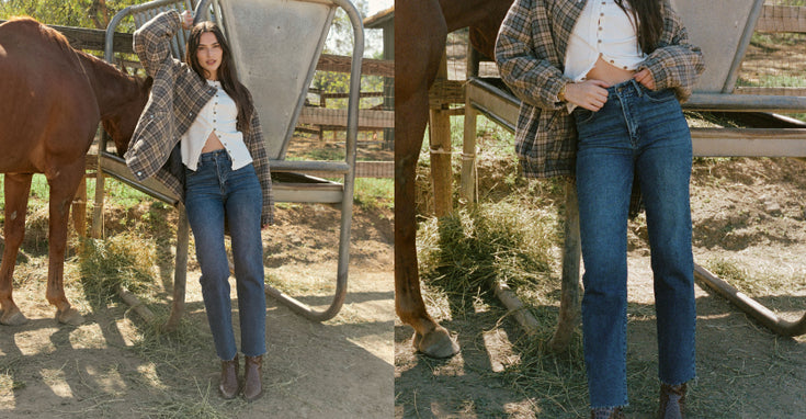 Right, woman in a plaid jacket, cropped white top, and straight-leg jeans leans against a metal hay feeder beside a horse. Left, close-up of woman’s high-waisted straight-leg jeans and plaid jacket